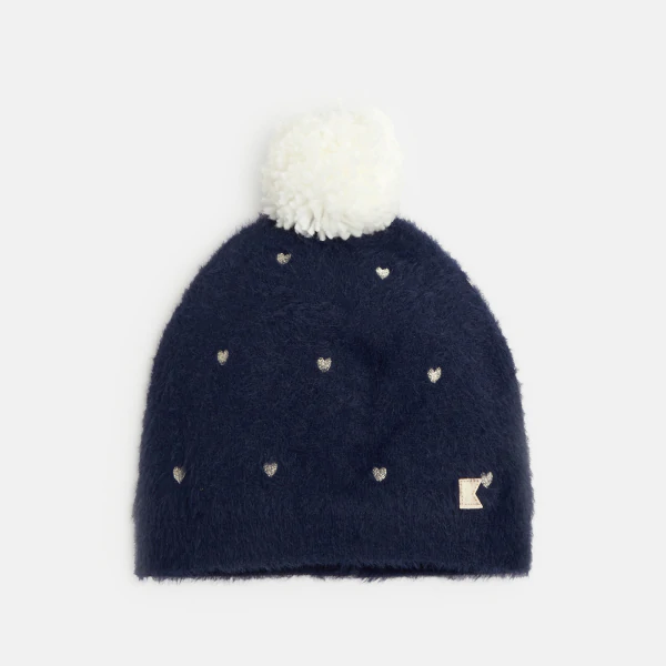 Girls' blue hat with removable pompom