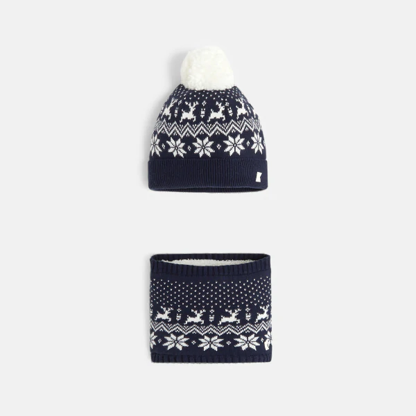 Unisex navy blue jacquard hat and snood set