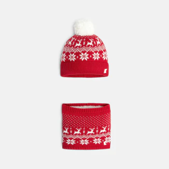 Unisex red jacquard hat and snood set