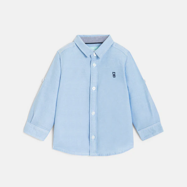 Baby boy’s blue cotton roll-up sleeve shirt