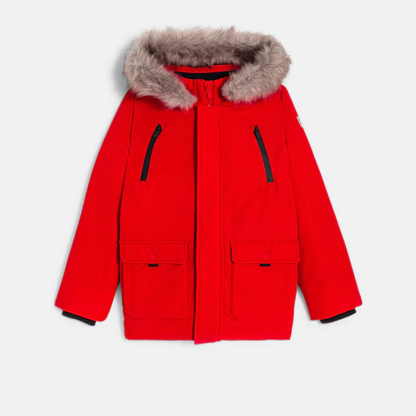 Boys' red padded parka with hood.