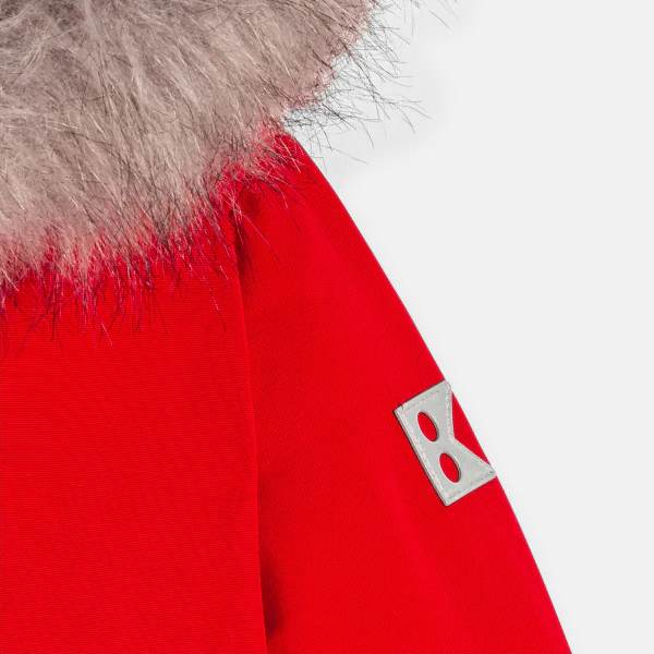 Boys' red padded parka with hood.