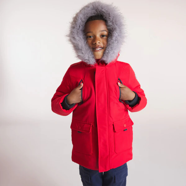 Boys' red padded parka with hood.