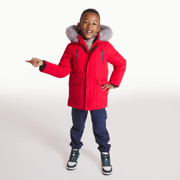 Boys' red padded parka with hood.