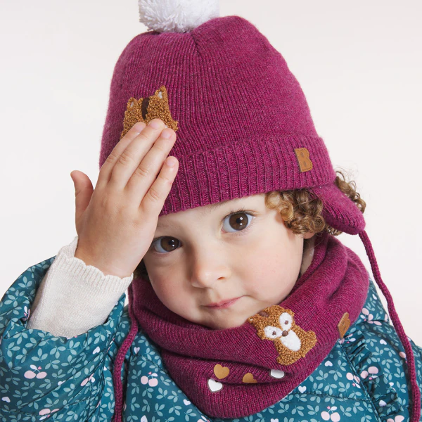 Baby girls' pink knitted fox-themed beanie with fleece lining