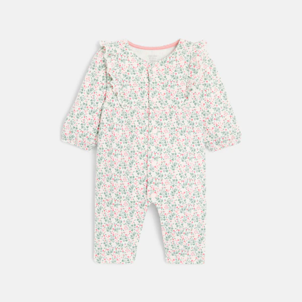 Baby girl's long green floral romper suit