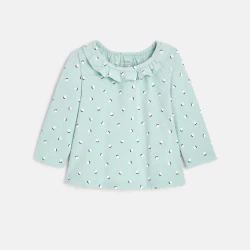 Baby girl's green textured fabric T-shirt with ruffle collar