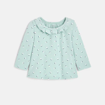 Baby girl's green textured fabric T-shirt with ruffle collar