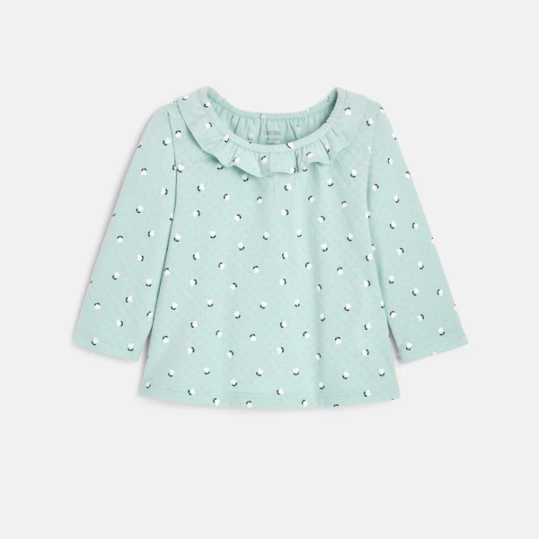 Baby girl's green textured fabric T-shirt with ruffle collar