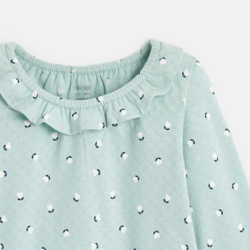 Baby girl's green textured fabric T-shirt with ruffle collar