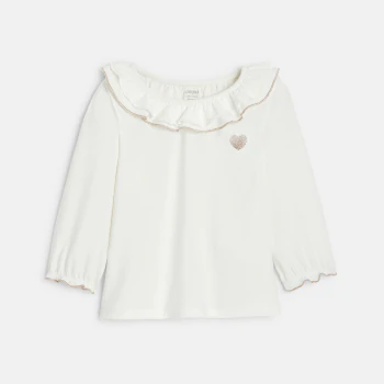 Baby girl's white ruffle neck T-shirt