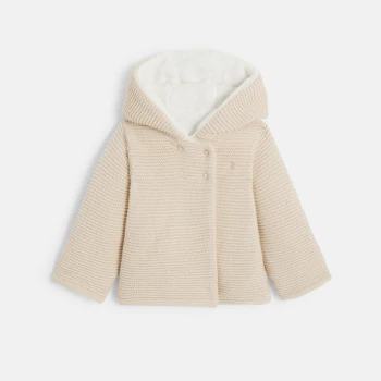 Newborn warm beige knitted jacket with hood and soft boa lining