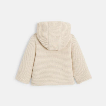 Newborn warm beige knitted jacket with hood and soft boa lining