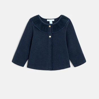 Baby girl's blue fleece cardigan with pleated collar