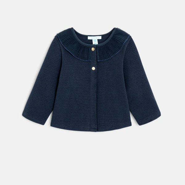 Baby girl's blue fleece cardigan with pleated collar