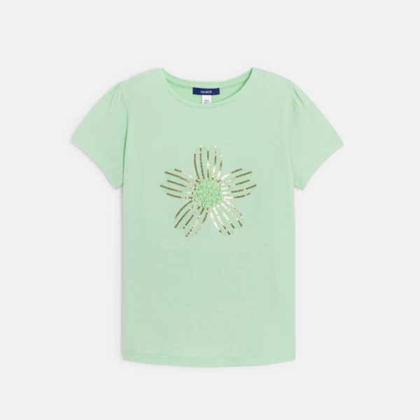 Girl's green sequinned T-shirt with short sleeves