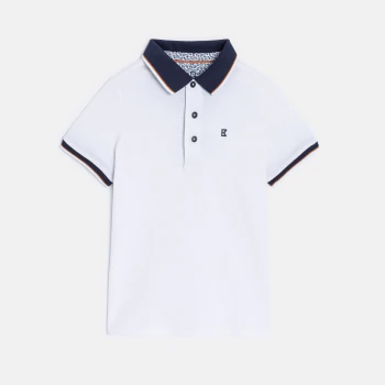 Boy's white cotton piqué polo shirt with short sleeves