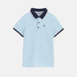 Boy's sky blue cotton piqué polo shirt with short sleeves