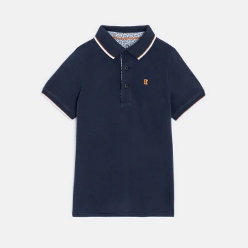 Boy's navy blue cotton piqué polo shirt with short sleeves