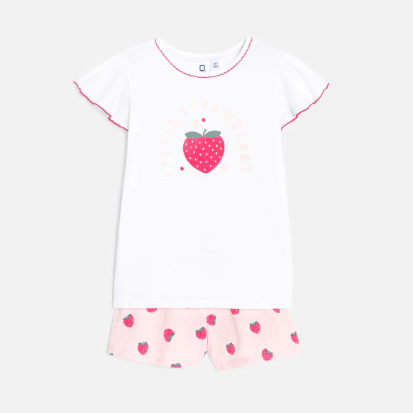 Girl's white strawberry 2-piece summer pyjamas