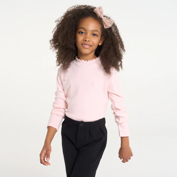 Girls' pink ribbed T-shirt with heart embroidery