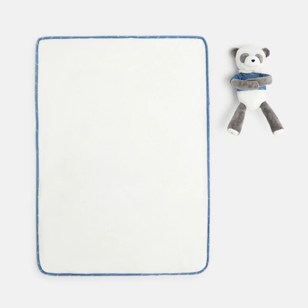 Newborn panda soft toy and fleece blanket in white