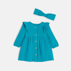 Baby girl's green textured cotton dress and headband