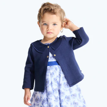 Baby girl's blue fleece cardigan with pleated collar