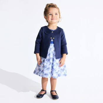 Baby girl's blue fleece cardigan with pleated collar