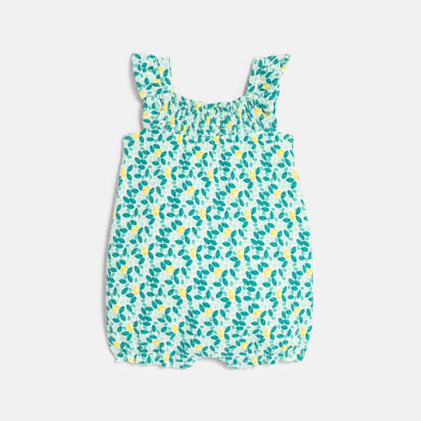 Baby girl's blue lemon-print playsuit in textured cotton