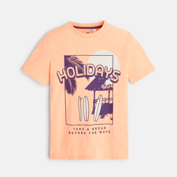 Boy's orange holiday motif T-shirt with short sleeves