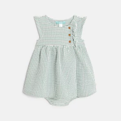 Baby girl's green striped seersucker dress