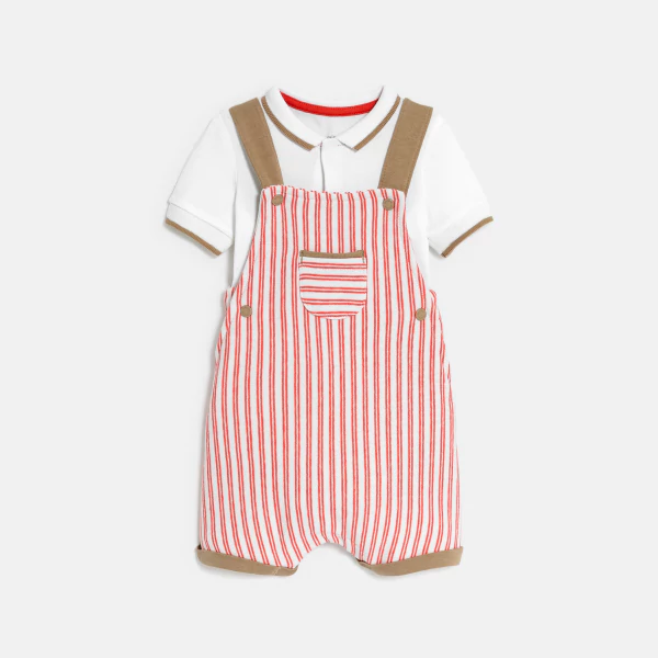 Baby Boy's fleece short-overalls and red bodysuit