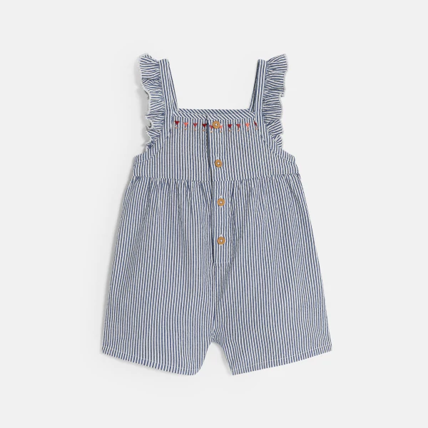 Baby girl's short blue seersucker dungarees