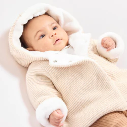 Newborn warm beige knitted jacket with hood and soft boa lining