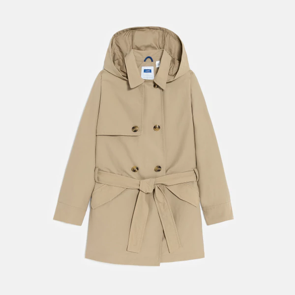 Girl's beige waterproof trench coat with hood