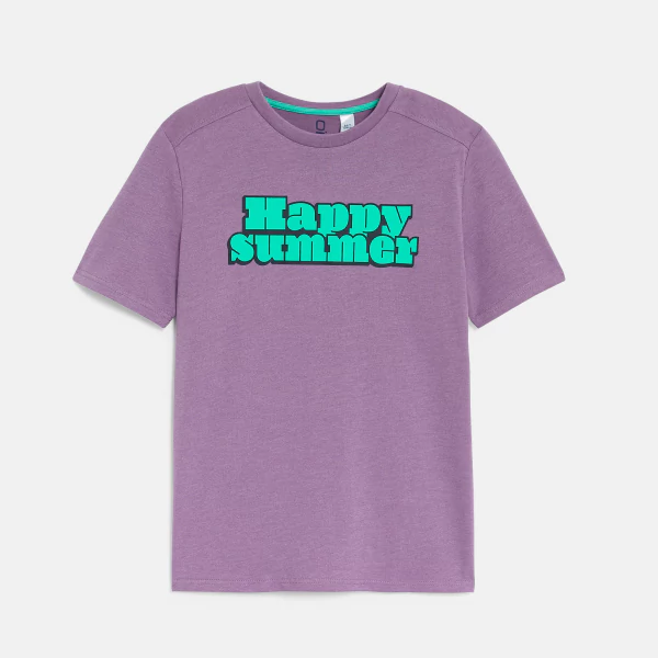 Boy's mauve slogan T-shirt with short sleeves