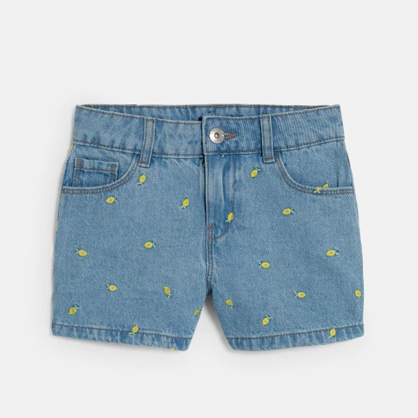 Girls blue denim shorts embroidered with lemons