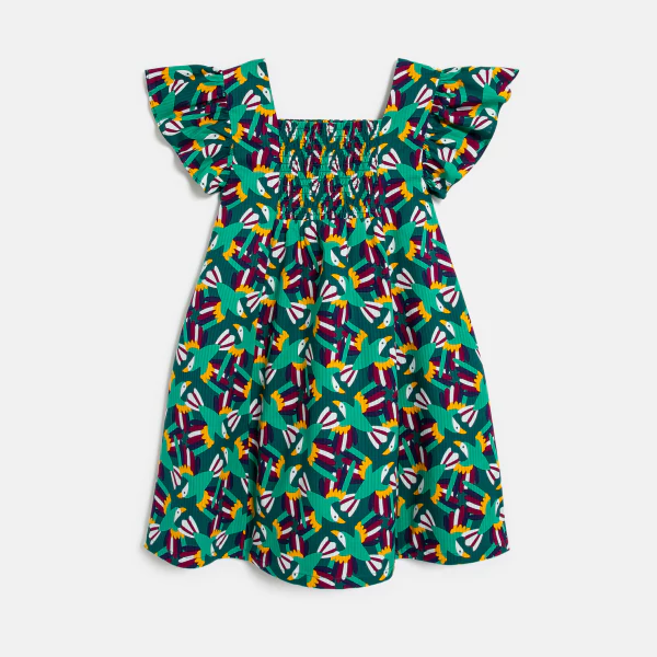 Girl's green printed smocked dress