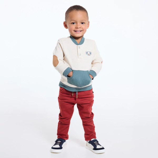 Baby boy's red denim-fabric jeans with elasticated waist