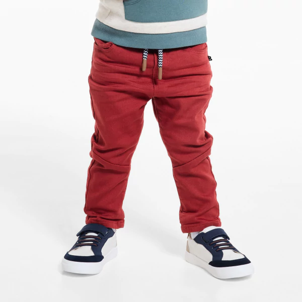 Baby boy's red denim-fabric jeans with elasticated waist