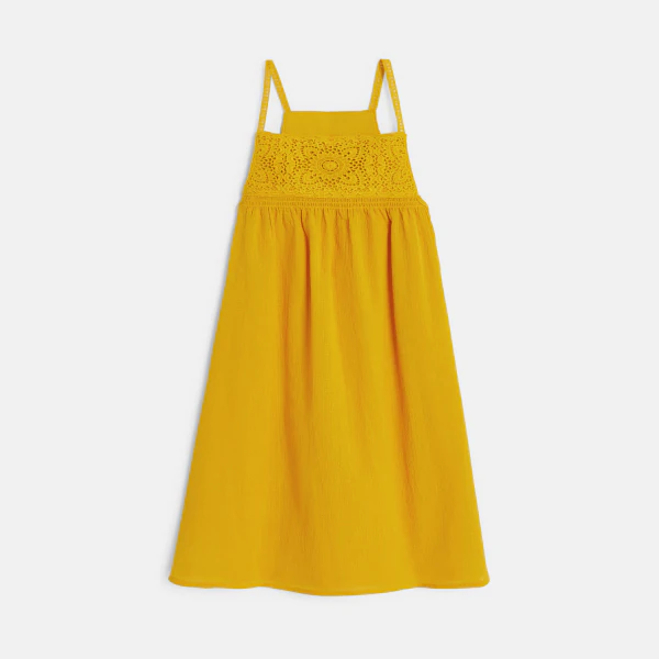 Girl's yellow crochet detail strappy dress