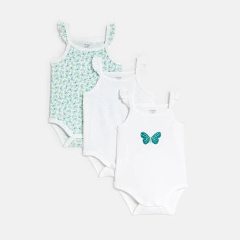 Baby girl's blue butterfly bodysuits with straps (set of 3)