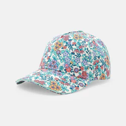 Girl's blue cap with coloured flowers