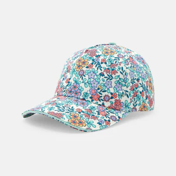 Girl's blue cap with coloured flowers