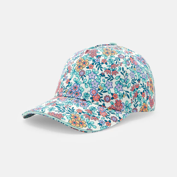 Girl's blue cap with coloured flowers