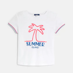 Girl's white palm tree motif embroidered T-shirt