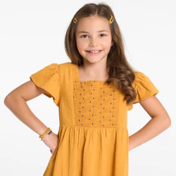 Girl's yellow dress with embroidered bib front