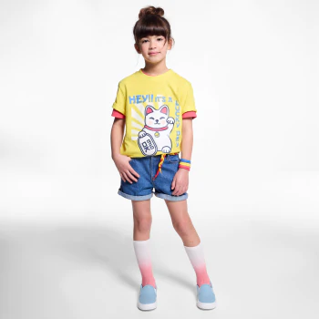 Girls' yellow Chinese cat motif T-shirt