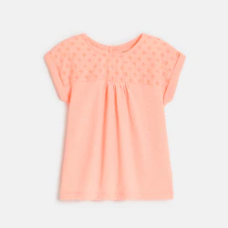 Baby girl's pink two-fabric T-shirt with broderie anglaise